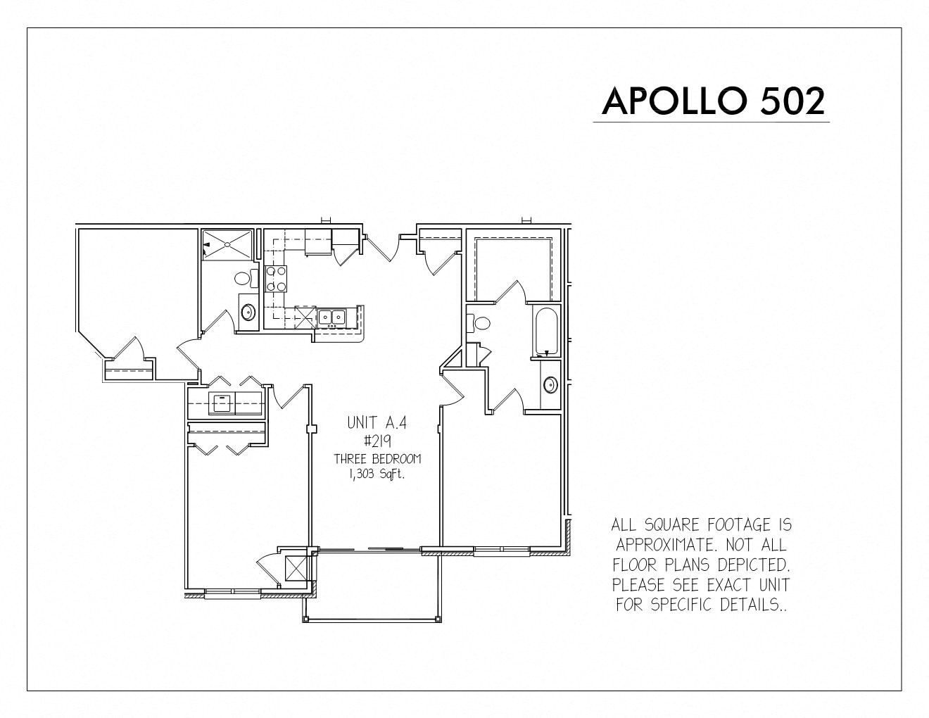 Floor plan for 3 beds, 2 baths, 1303 sqft